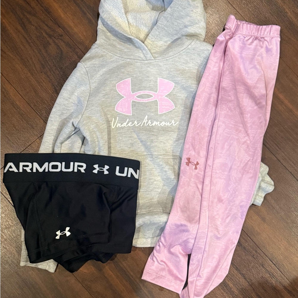Under Armour Girls Gray Hoodie with Pink Logo and Pink Leggings